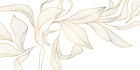 Vector golden flower background, luxury abstract line leaves composition. Art deco floral ornament, elegant summer print. Foliage drawing, vintage illustration 