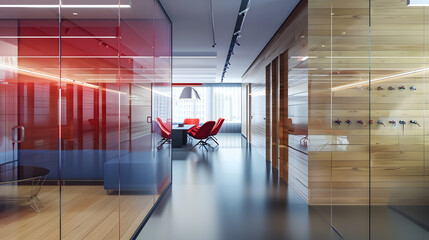 Modern business interior with wooden walls There is a red glass wall with a door to the next room big blue locker zone with small sofas and round table zone with long dark table and re : Generative AI