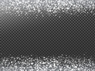Silver or white glitter lights background. Sparkling glittering rain effect. Luxury frame for Christmas, wedding, birthday party. Transparent background can be removed in vector format.