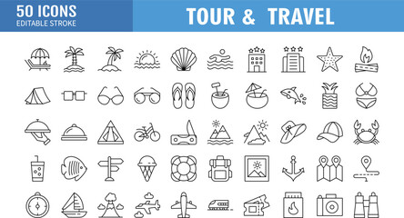 Tour and Travel Vector Line Icon Set. This Icon set consists of Sunset, Swimming Pool, Surfing, Spa, Hotel, Airplane Ticket, Travel Destinations and so on