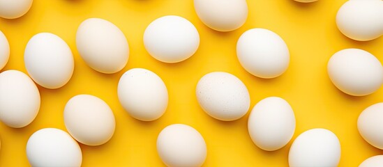 Food concept with white chicken eggs on yellow background Top view Creative pattern in minimal...