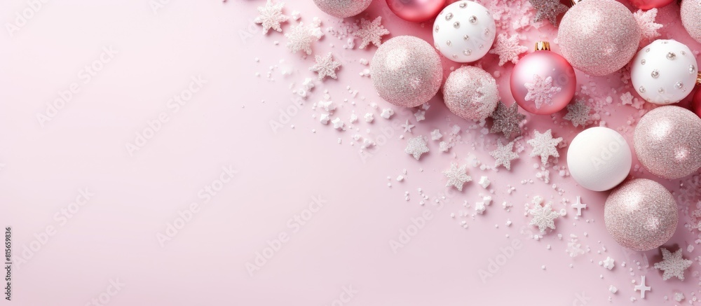 Poster happy new year and christmas day top view flat lay composition decoration snow white on pink backgro