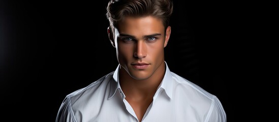 Handsome young man in white shirt on black background space for text. copy space available
