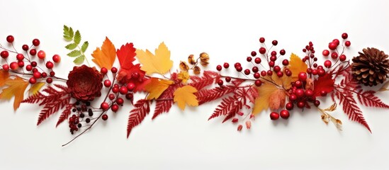 A composition of Autumn elements made by children featuring a wreath crafted from red leaves thuja twigs viburnum rosehips and berries The arrangement is laid flat on a white surface with a top down - Powered by Adobe