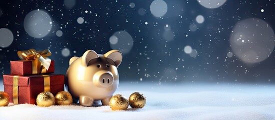 Piggy bank and Christmas presents sitting on snow with star background Christmas savings. copy space available