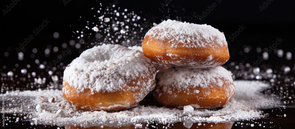 Poster sweet donuts with cinnamon sticks powdered with sugar copy space
