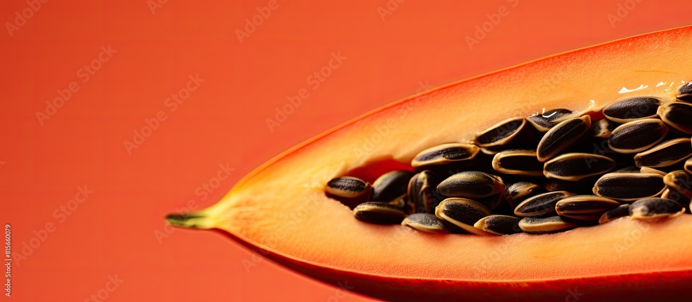 Poster slice of watermelon on orange background close up watermelon seed macro. copy space available