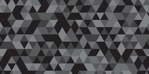 Abstract geometric black and gray background seamless mosaic and low polygon triangle texture wallpaper. Triangle shape retro wall grid pattern geometric ornament tile vector square element.