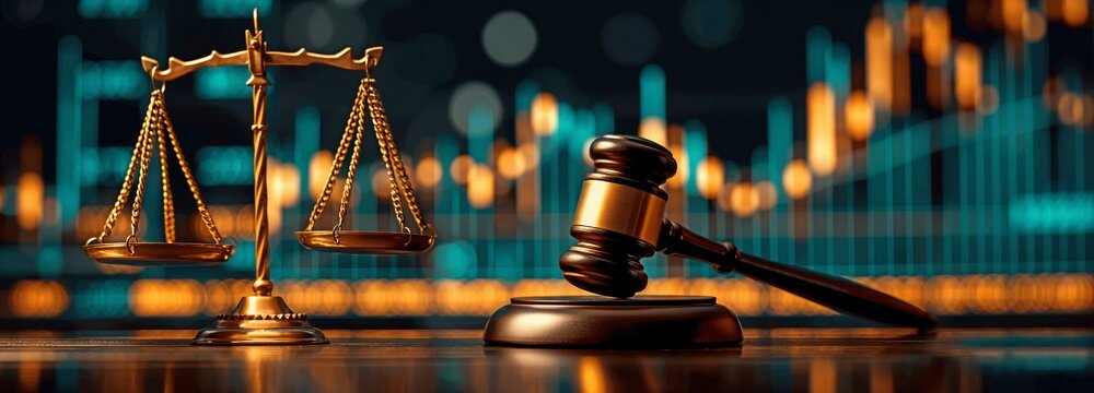 A gavel judge and a law scale are among the financial laws on the stock market exchange board.