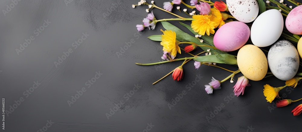 Aufkleber easter greeting card mockup spring flowers willow twigs and easter eggs space for text. copy space a