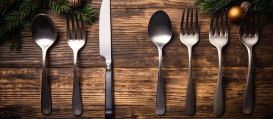 Top view of festive cutlery on new year wooden background Christmas decorations with empty space for your design Holiday dinner concept. copy space available