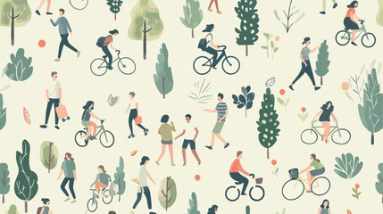 Seamless pattern with people walking online street riding