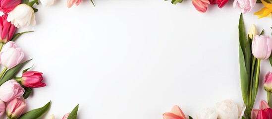 Frame with fresh flowers on white background. copy space available