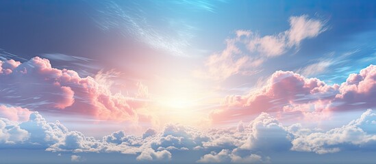 The sky is filled with beautiful sunshine peeking through the clouds creating a captivating blue and pink backdrop. copy space available