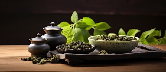 Flat lay composition with cups of Tie Guan Yin oolong tea and space for text on table. copy space available