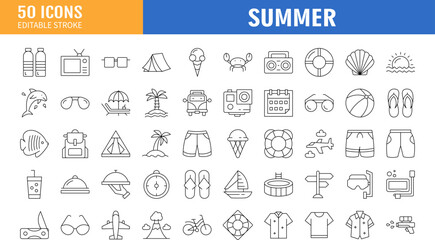 Summer Line Icons. Editable Stroke. Pixel Perfect. For Mobile and Web. Contains such icons as Summer, Beach, Party, Sunbed, Sun, Swimming, Travel, Watermelon, Cocktail, Beach Ball, Cruise, Palm Tree.