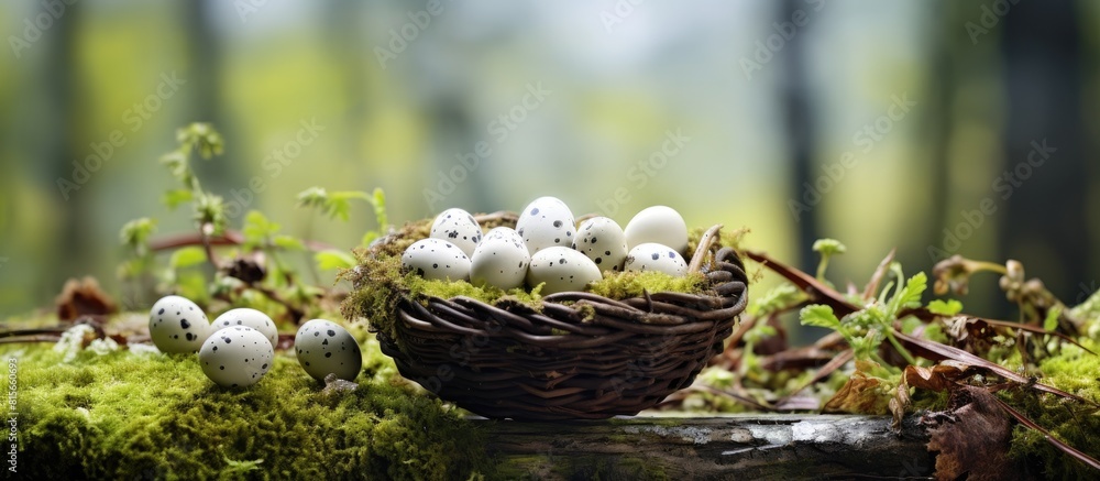 Poster quail easter eggs in a basket on a natural green moss with snowdrop flowers on a tree stump spring e