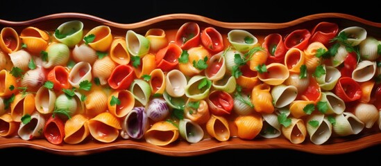 Baking dish with tasty conchiglioni pasta on color background. copy space available