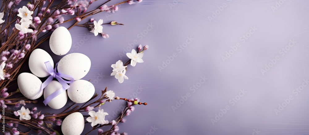 Aufkleber banner easter set gift box with branches catkins white egg the view from the top place for text back