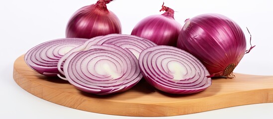 Cut in pieces red onion sliced over cutting board composition isolated on white background. copy space available - Powered by Adobe