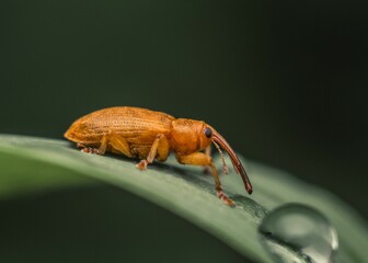 Close-up shot of a bright orange weevil on a green leaf