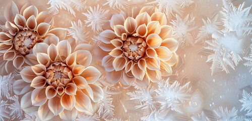 Earthy abstract tan dahlias encased in frosty ice.