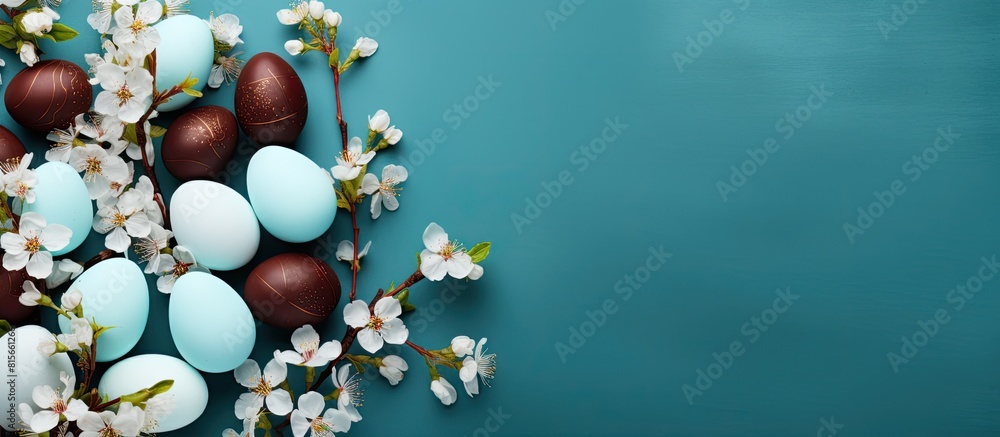 Aufkleber easter flat lay with space for text colorful easter chocolate eggs with cherry blossoms on blue back