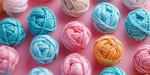 Colorful yarn balls on pink background, top view, flat lay