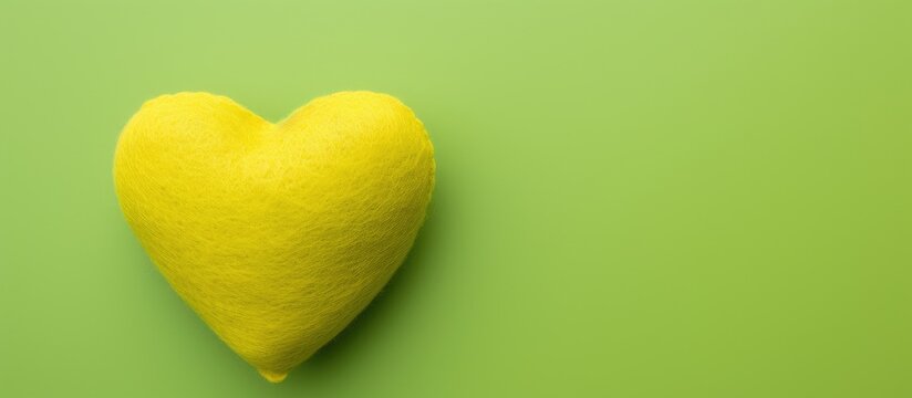 The toy shaped heart is made of felt green is on the green yellow background The concept of needlework Valentine s day card marriage proposal Copy space Banner Art desine