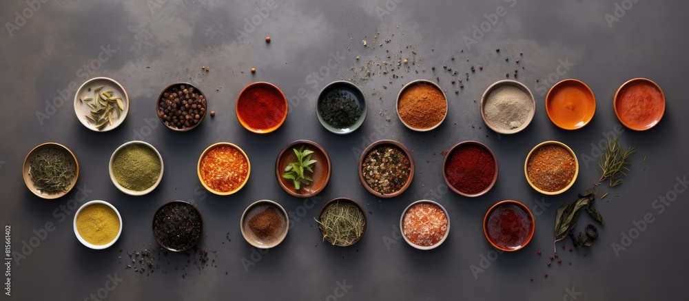 Aufkleber Set of empty sauce bowls and spices on dark stone table Top view with copy space Flat lay