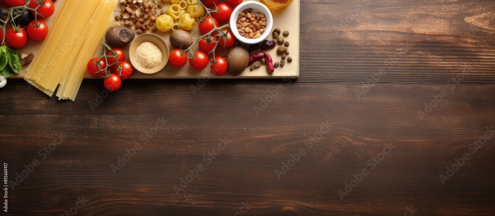 Poster top down view of kitchen table showcasing a variety of ingredients for cooking pasta with ample copy