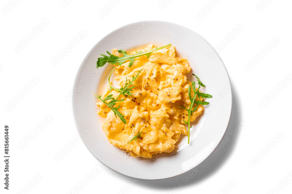 Sticker scrambled eggs on white plate