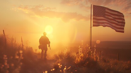 Fototapeta premium Silhouette of a soldier with the American flag on the sunset background