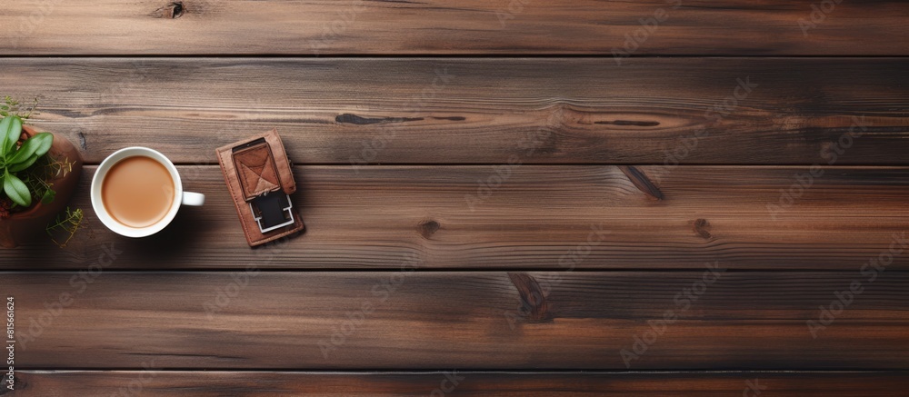 Poster flat lay of coffee cup with conflex and office tools over old wooden background the concept is woode