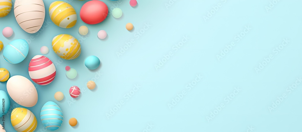 Poster easter pattern made with colorful easter eggs on a pastel blue background minimal concept of easter 