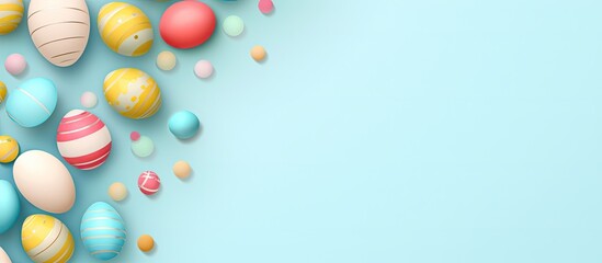 Easter pattern made with colorful Easter eggs on a pastel blue background Minimal concept of Easter Creative art minimal aesthetics Flat lay Writing space copy space