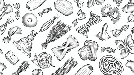 Seamless pattern with various types office raw pasta han