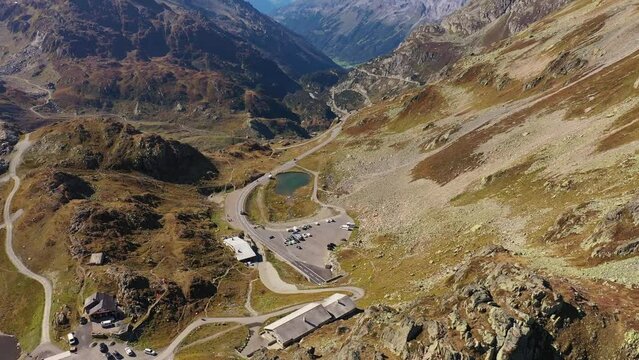 Sunsten Pass, Switzerland: Aerial drone footage of the dramatic landscape along the Susten pass in canton Uri and Bern in the alps on a sunny summer day in Switzerland