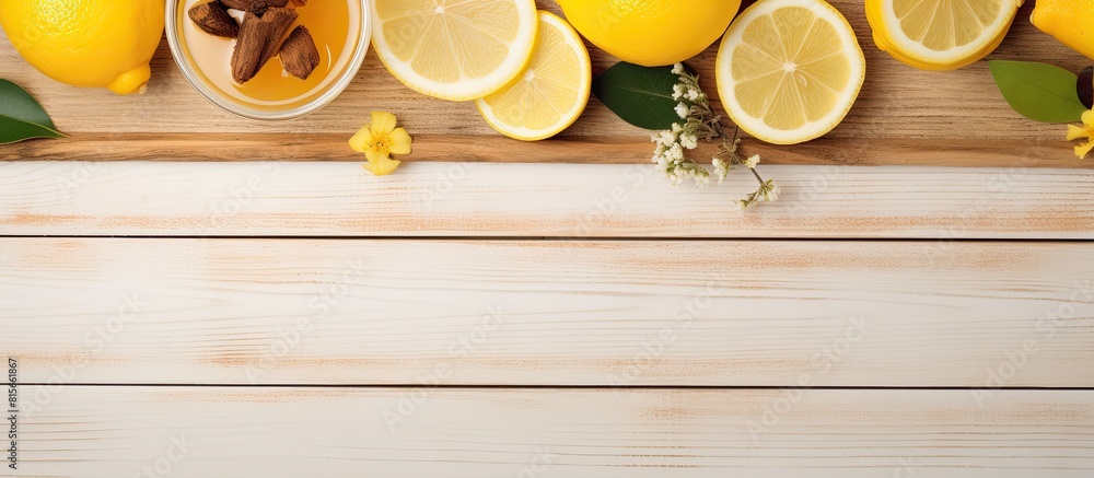 Poster healthy background honey honeycomb lemon tea ginger on light wooden table top view with copy space