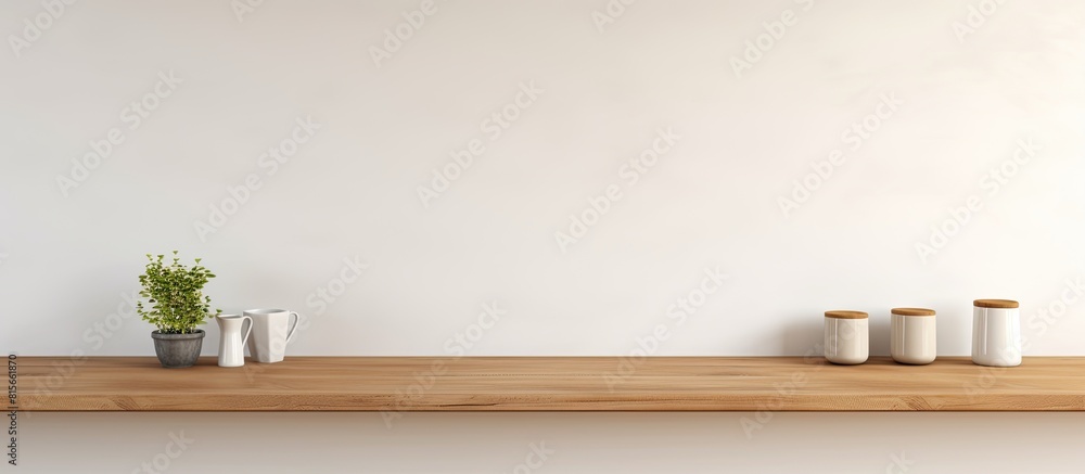 Poster the copy space image features a sleek kitchen background complete with a minimalist wooden table and