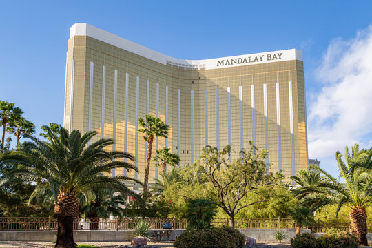 Mandalay Bay. Entering Las Vegas, Mandalay Bay is the first hotel on the main boulevard of the city. Golden facade of Mandalay Bay sparkles in the rays of the sun. Las Vegas, Nevada - 2 April, 2017: