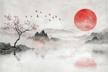 A classic Japanese watercolor painting. The watercolor painting is black and white with a red moon.