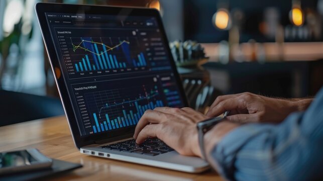 An entrepreneur manages inventory and sales data using a smart business application on a tablet device, optimizing supply chain management, forecasting demand, and maximizing profitability with