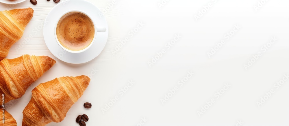 Poster fresh croissant and coffee cups isolated on white background breakfast concept creative layout top v