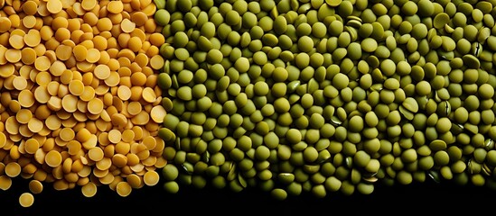 Close up of uncooked green mung beans chick pea spinach food top view. copy space available