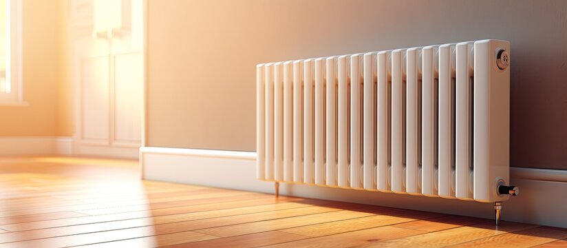 Modern electric heater on floor at home Space for text. copy space available