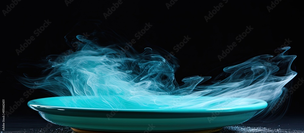 Aufkleber empty ceramic plate of delicate bed achuamarine turquoise color black background the top is blowing 