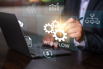 Business workflow process optimisation, businessman using a software to optimise workflow process....