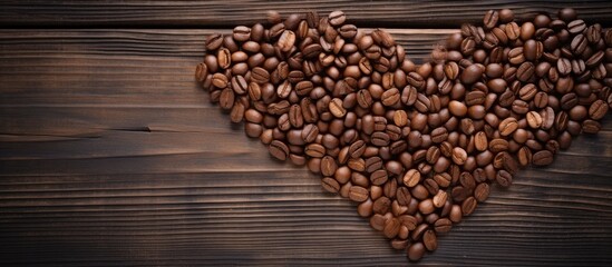 Coffee beans placed in shape of heart on old wooden background. copy space available
