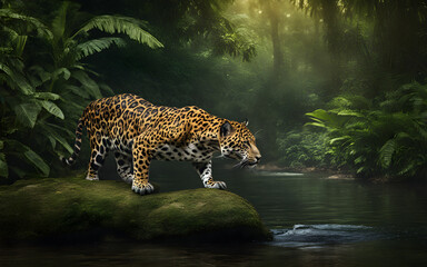Jaguar lurking by a river in the Amazon rainforest